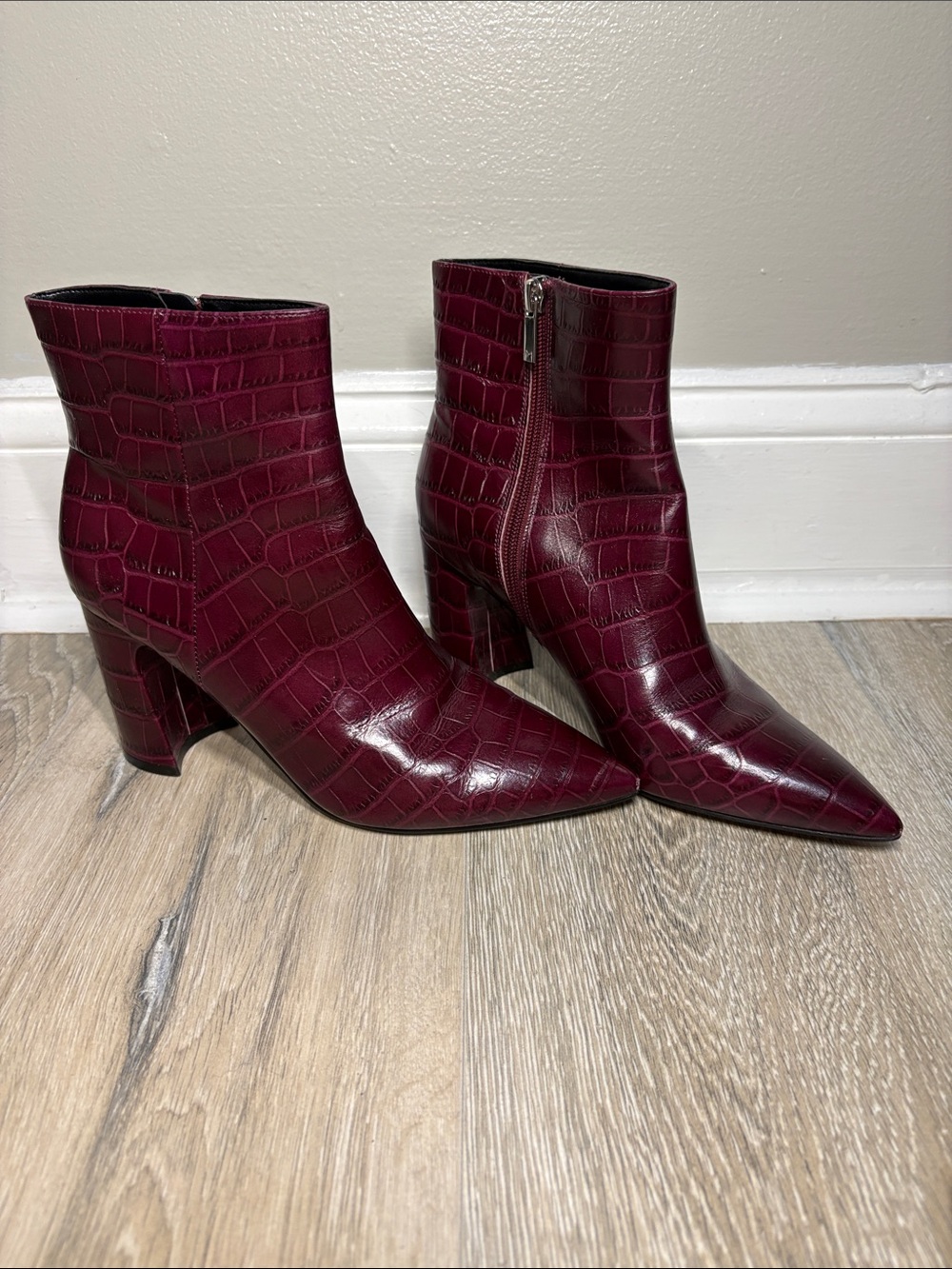 Marc Fisher LTD Burgundy Croc-Embossed Pointed Ankle Boots
